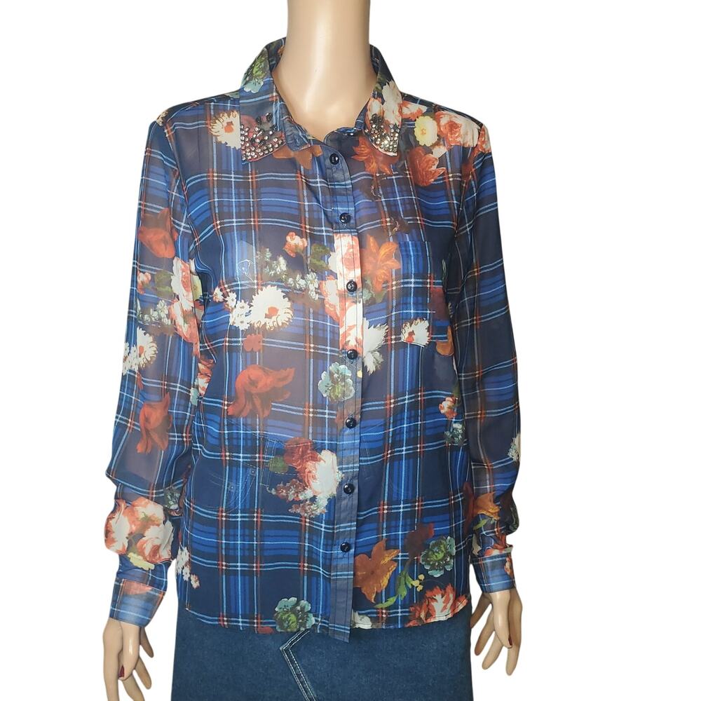 Sheer Floral Plaid Button Up Embellished Collar Grunge Y2K Tumbler Top Size M/L